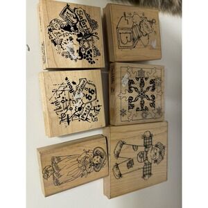 Lot Of‎ 6 Rubber Stamps Vintage Wood Base Medium-large